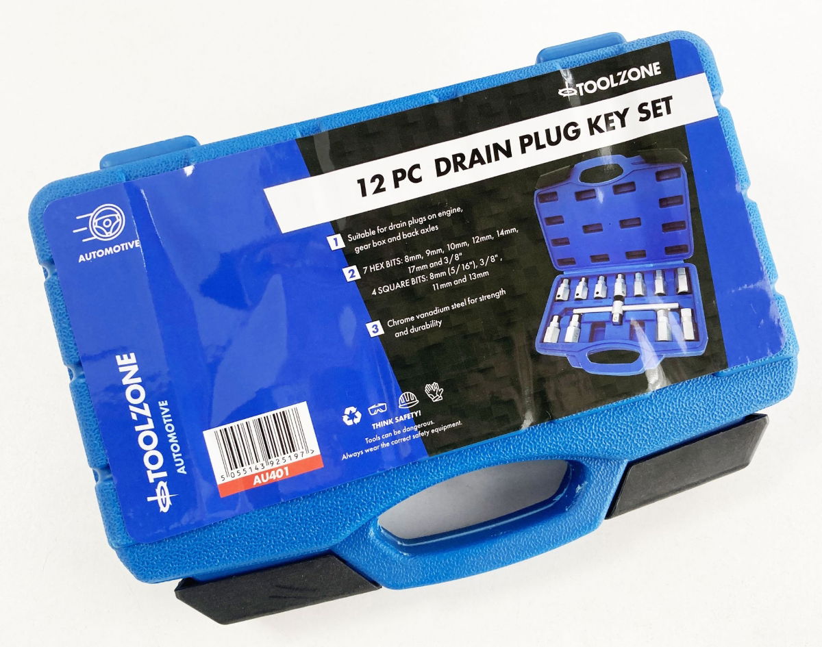 DRAIN PLUG KEY SET 12pc HEX AND SQUARE BITS - TOOLZONE KDPAU401