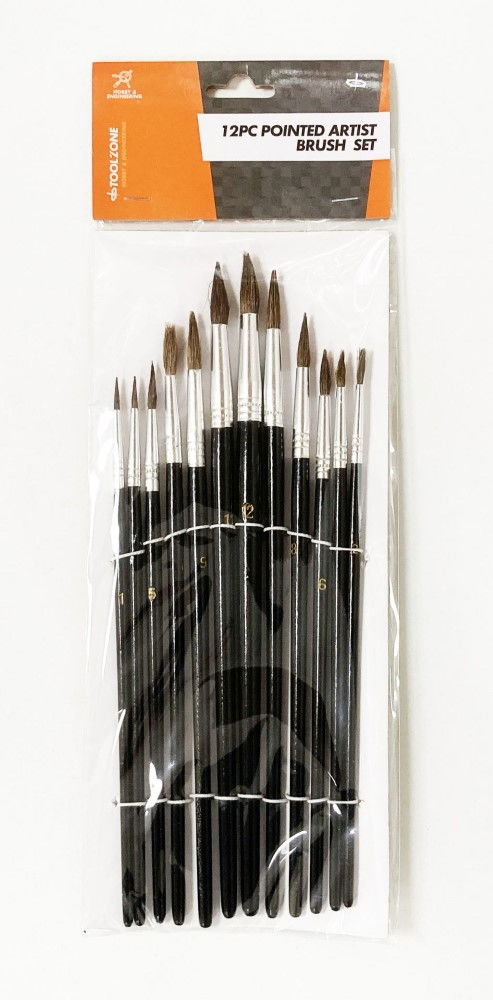 ARTIST BRUSHES 12PC POINTED SIZES 1-12 WOOD HANDLE - TOOLZONE KDPBR012