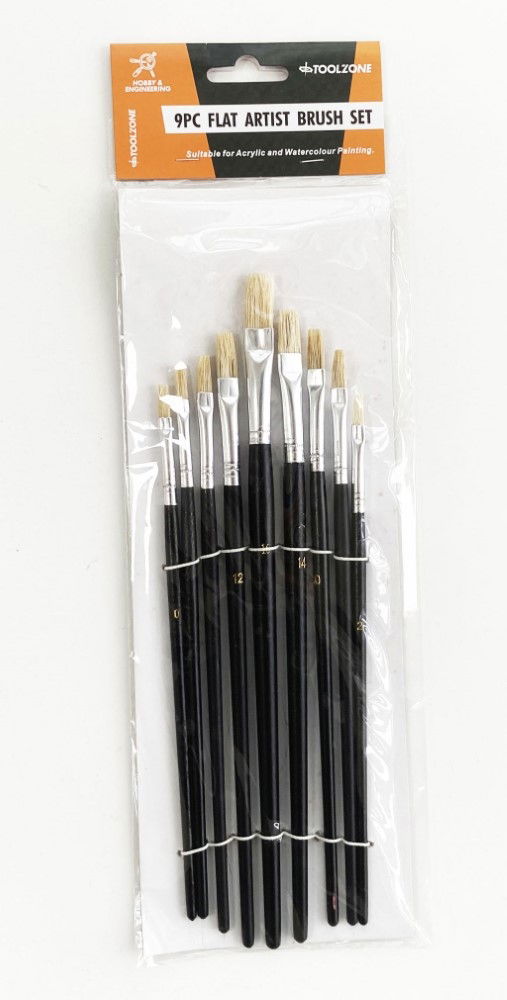 ARTIST BRUSHES 9PC FLAT SIZES 0-16 WOOD HANDLE - TOOLZONE KDPBR013