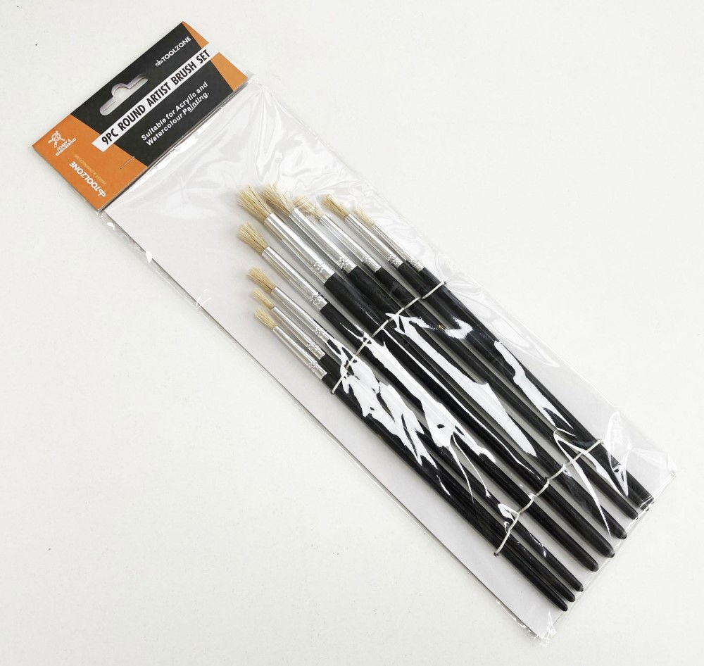 ARTIST BRUSHES 9PC ROUND SIZES 0-16 WOOD HANDLE - TOOLZONE KDPBR014