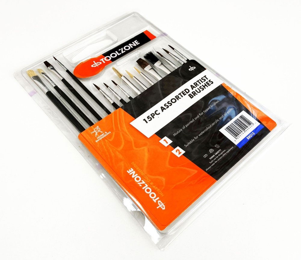 ARTIST BRUSHES 15PC ASSORTED FLAT POINTED ROUND - TOOLZONE KDPBR015