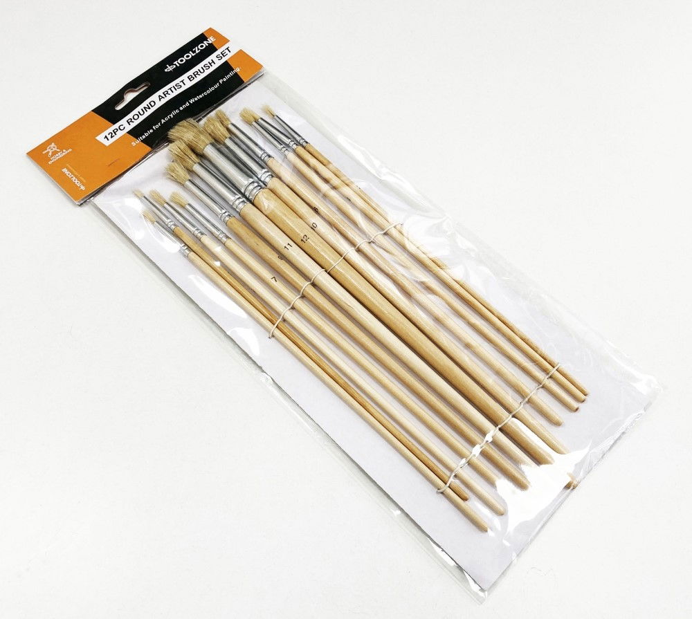 ARTIST BRUSHES 12PC JUMBO ROUND SIZES 1-12 WOOD HANDLE - TOOLZONE KDPBR016