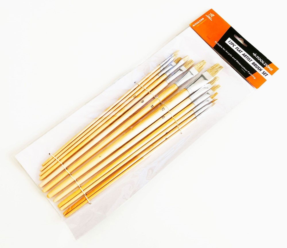 ARTIST BRUSHES 12PC JUMBO FLAT SIZES 1-12 WOOD HANDLE - TOOLZONE KDPBR017
