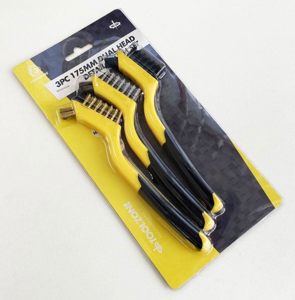 BRUSH SET 3PC 175mm PRECISION DETAIL STAINLESS STEEL NYLON BRASS - TOOLZONE KDPBR061