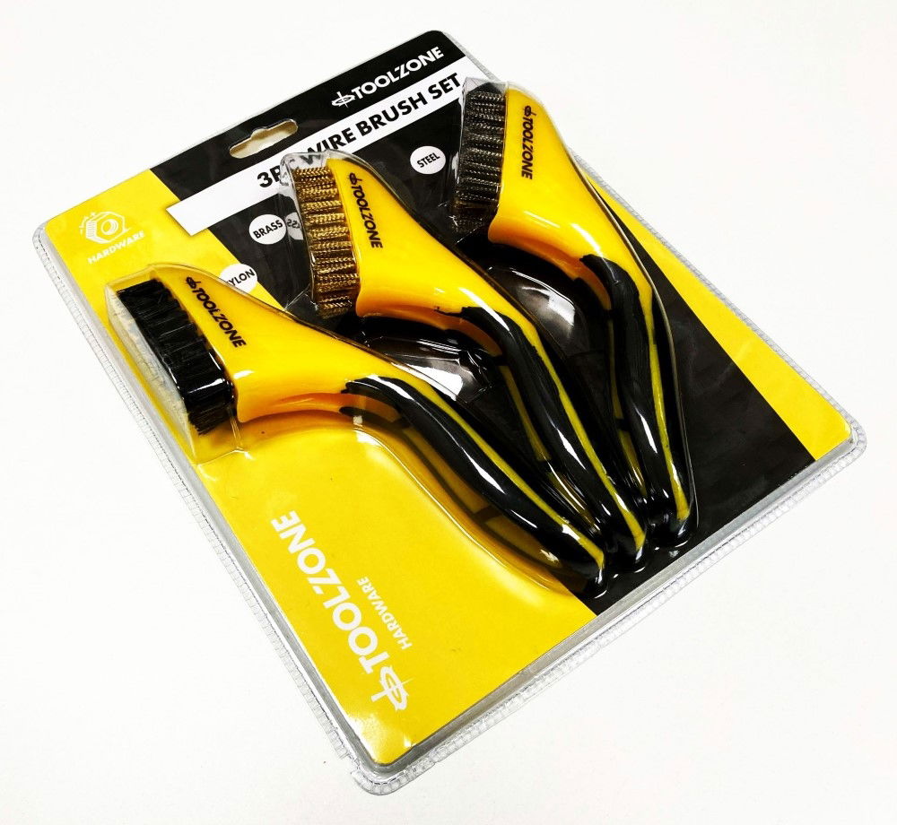 WIRE BRUSH SET 3PC WIDE 20cm STAINLESS STEEL NYLON BRASS - TOOLZONE KDPBR063