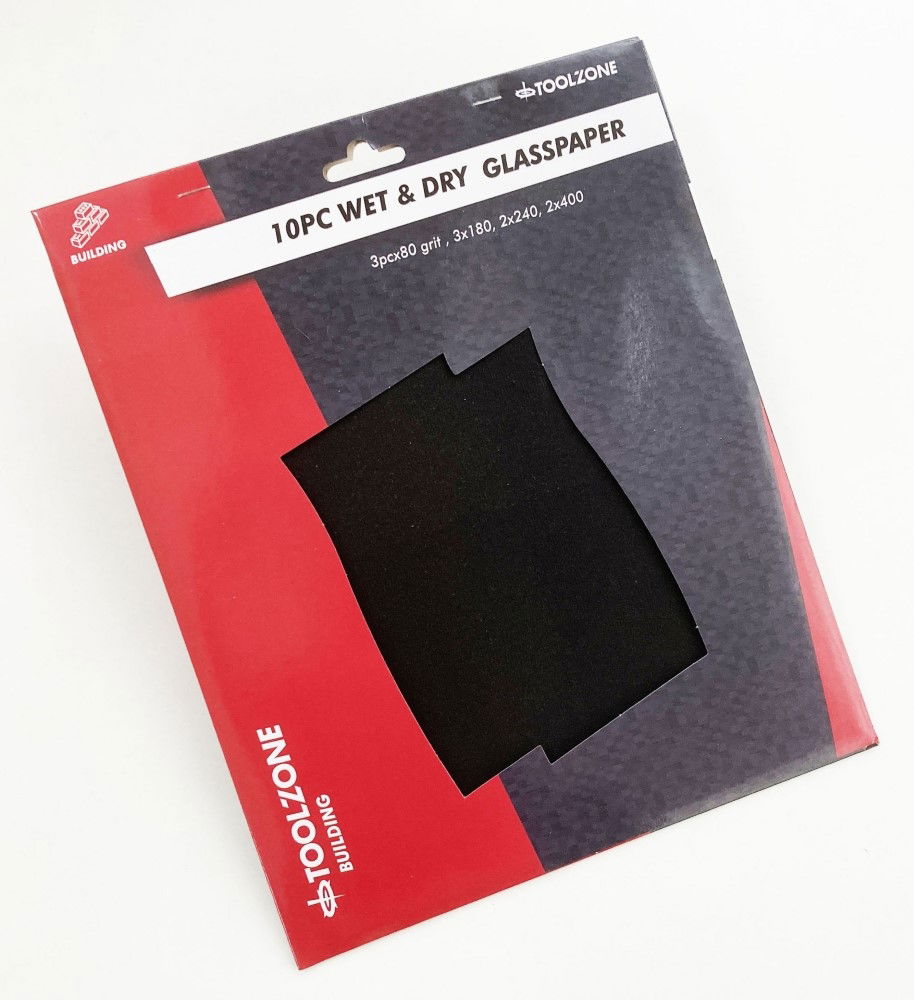 GLASSPAPER WET AND DRY 10PC ASSORTED GRITS - TOOLZONE KDPDC072