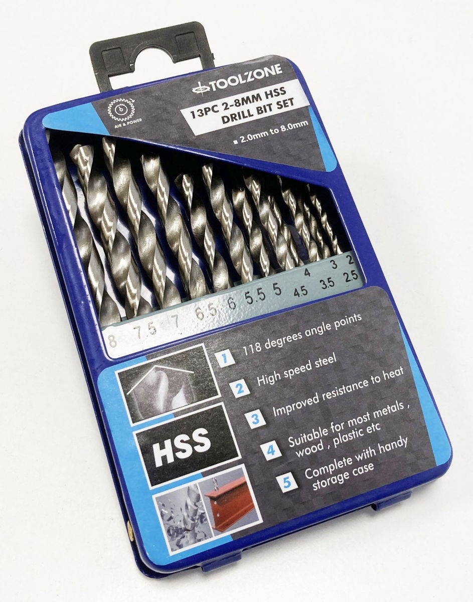 DRILL BIT SET 13PC HSS 2-8mm IN STORAGE TIN - TOOLZONE KDPDR027