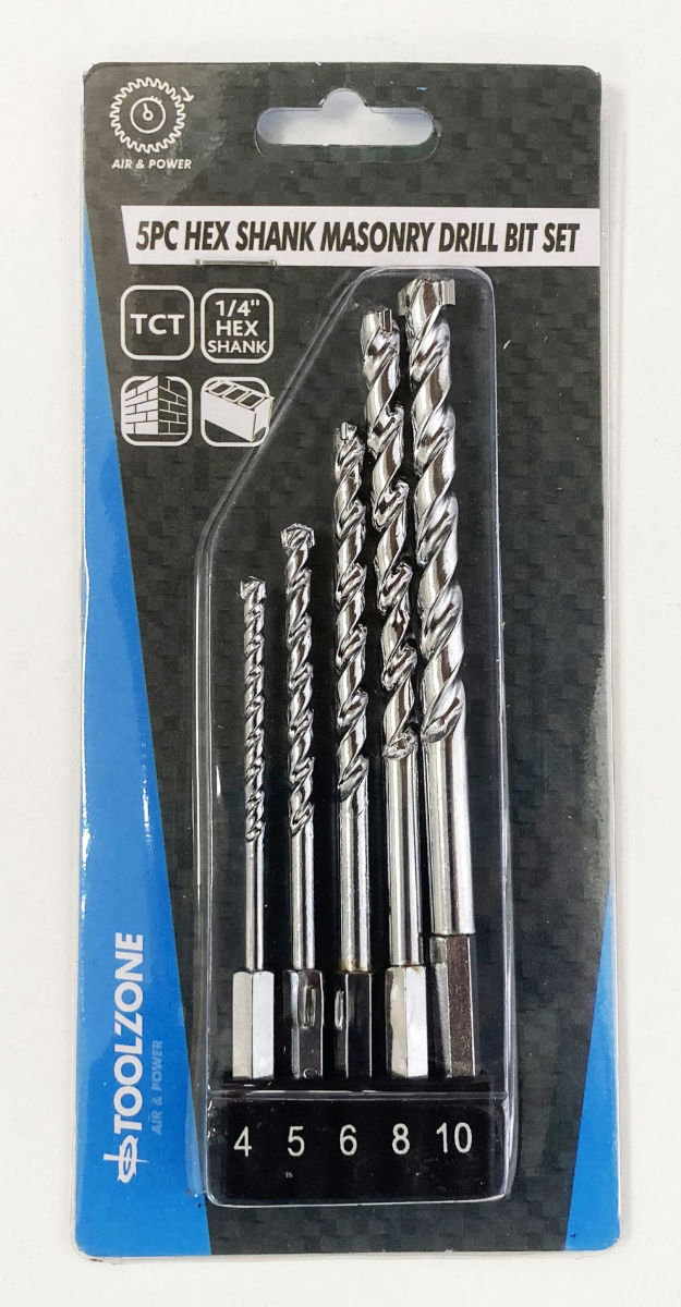 MASONRY DRILL BIT SET 5PC HEX SHANK 4-10mm TCT TIPPED - TOOLZONE KDPDR028