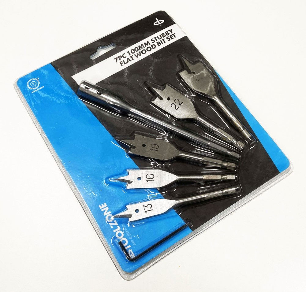 WOOD BIT SET STUBBY FLAT 7PC 100mm WITH EXTENSION AND KEY - TOOLZONE KDPDR066