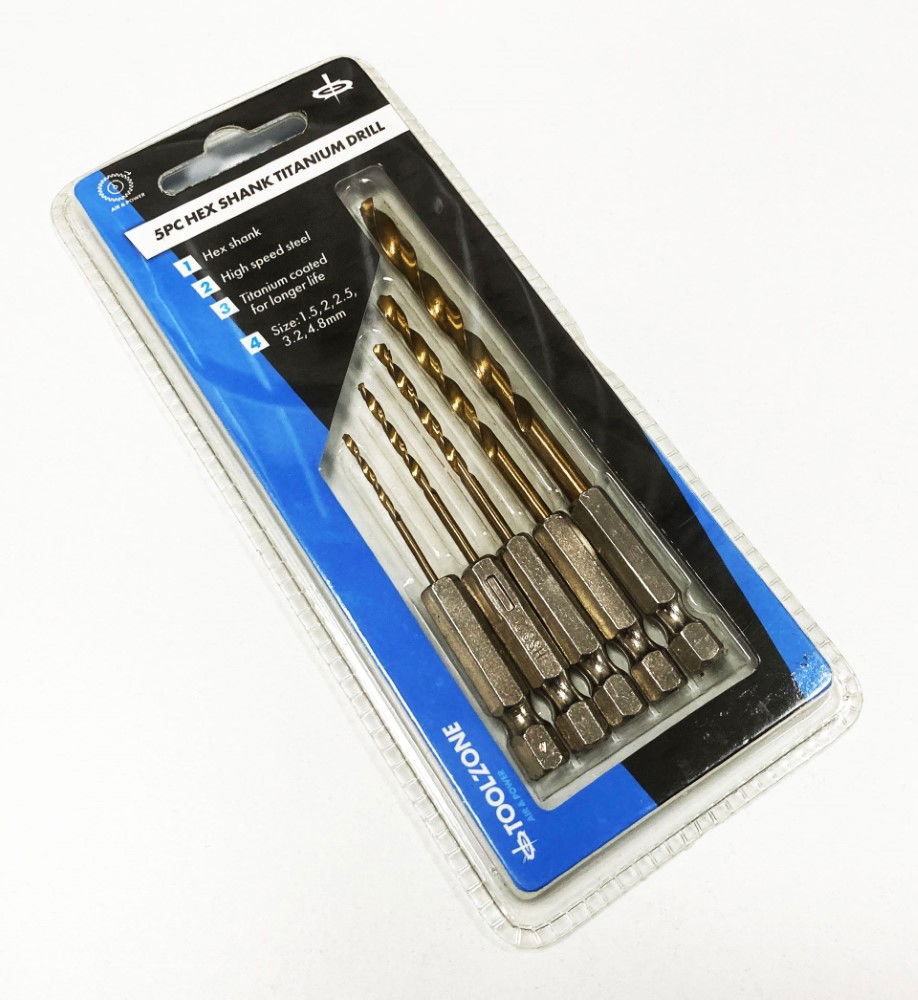 DRILL BIT SET TITANIUM COATED HEX SHANK 5PC 1.5-4.8mm - TOOLZONE KDPDR098