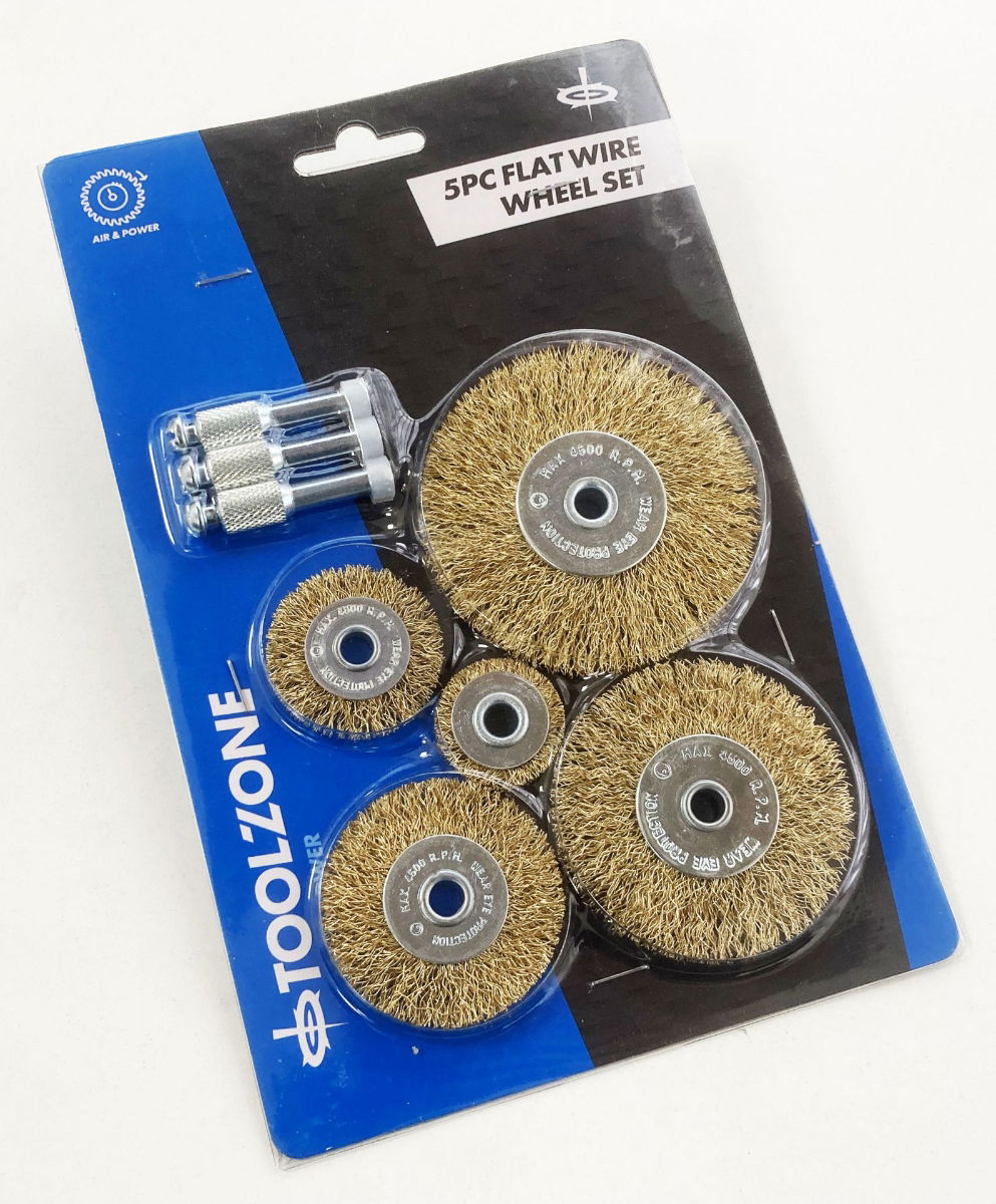 FLAT WIRE WHEEL SET FOR DRILL 5PC 25-75mm 1/4 SHANK - TOOLZONE KDPDR171