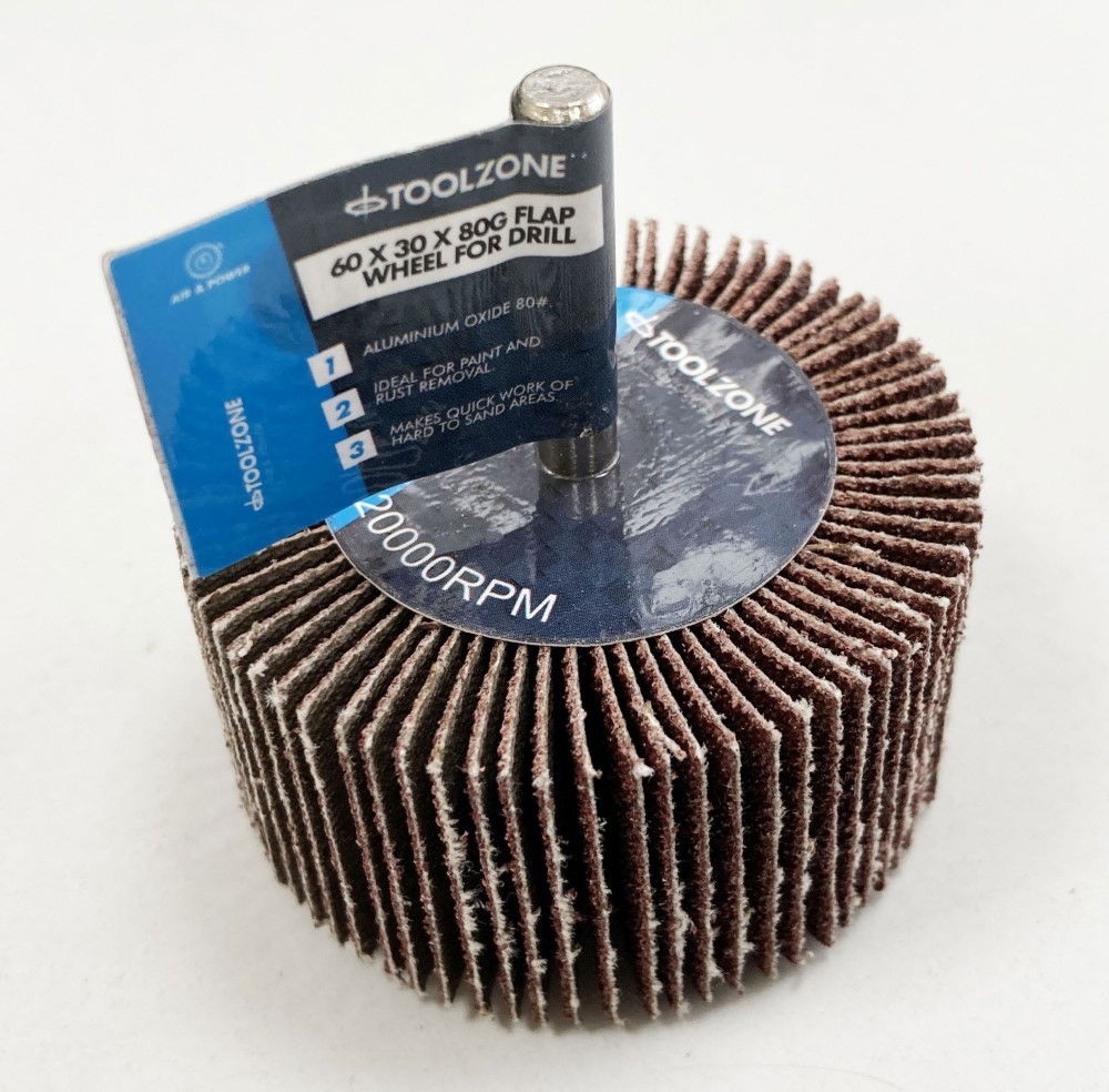 FLAP WHEEL FOR DRILL 60x30mm 80 grit 6mm SPINDLE - TOOLZONE KDPDR180