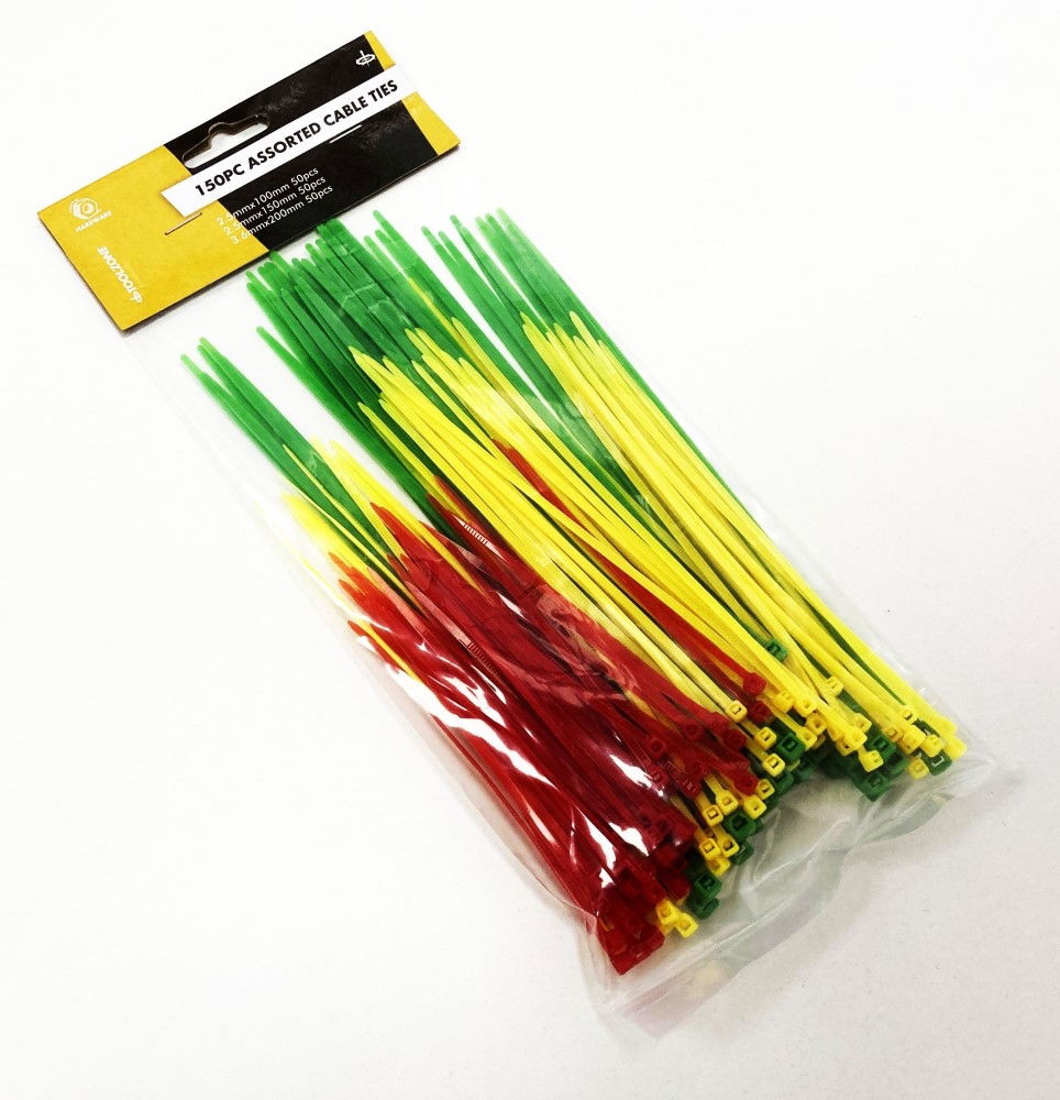 CABLE TIES ASSORTED 150PC 2.5mm x 100mm 2.5mm x 150mm 3.6mm x 200mm - TOOLZONE KDPEL077