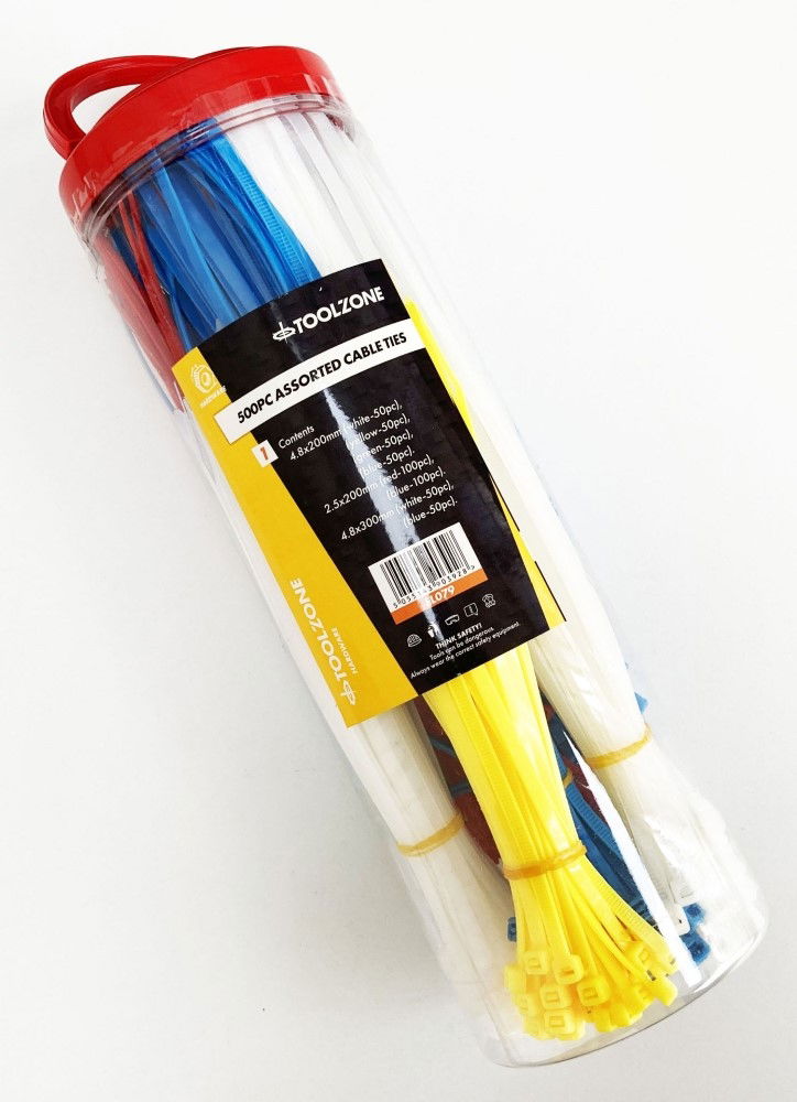 CABLE TIES MIXED LARGE 500PC 5 COLOURS 2.5x180mm 4.8x190mm 4.8x300mm - TOOLZONE KDPEL079