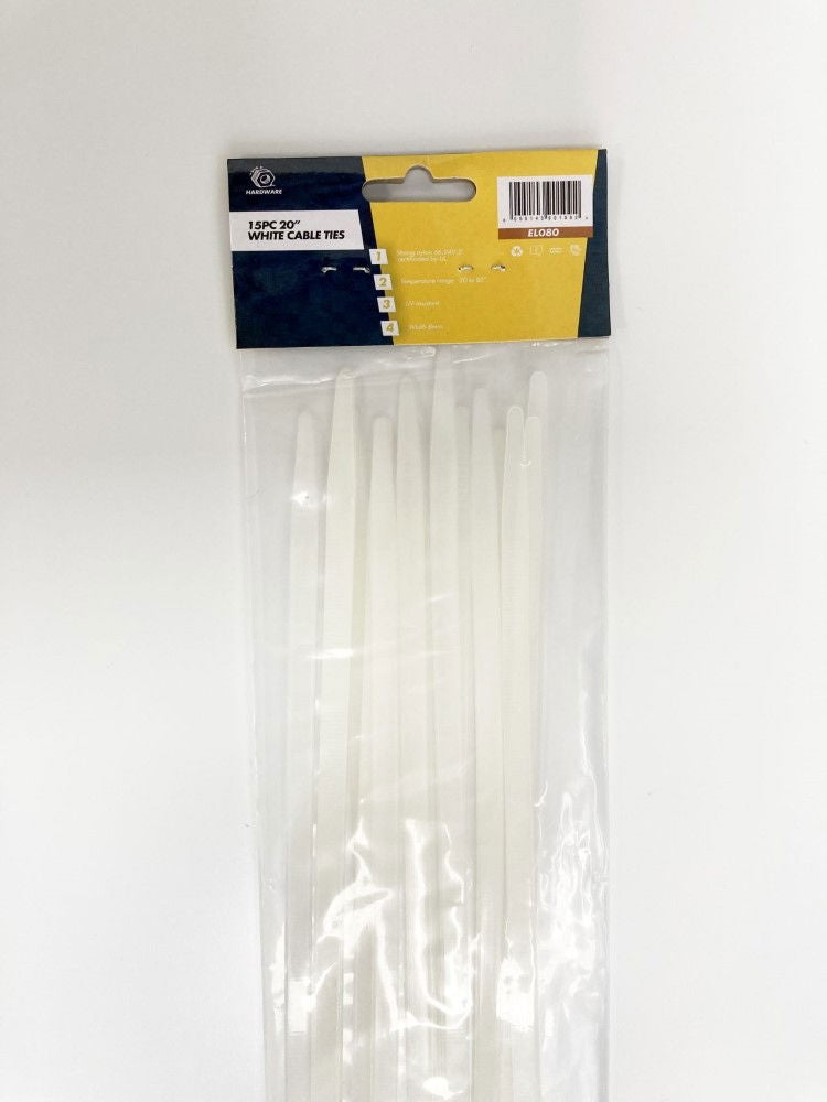CABLE TIES 15PC 20 WHITE 7mm WIDE NYLON 66 - TOOLZONE KDPEL080