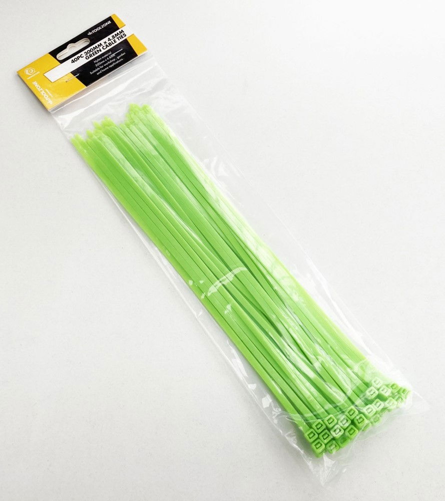 CABLE TIES 40PC 12 GREEN 4.8mm WIDE NYLON 40 - TOOLZONE KDPEL124