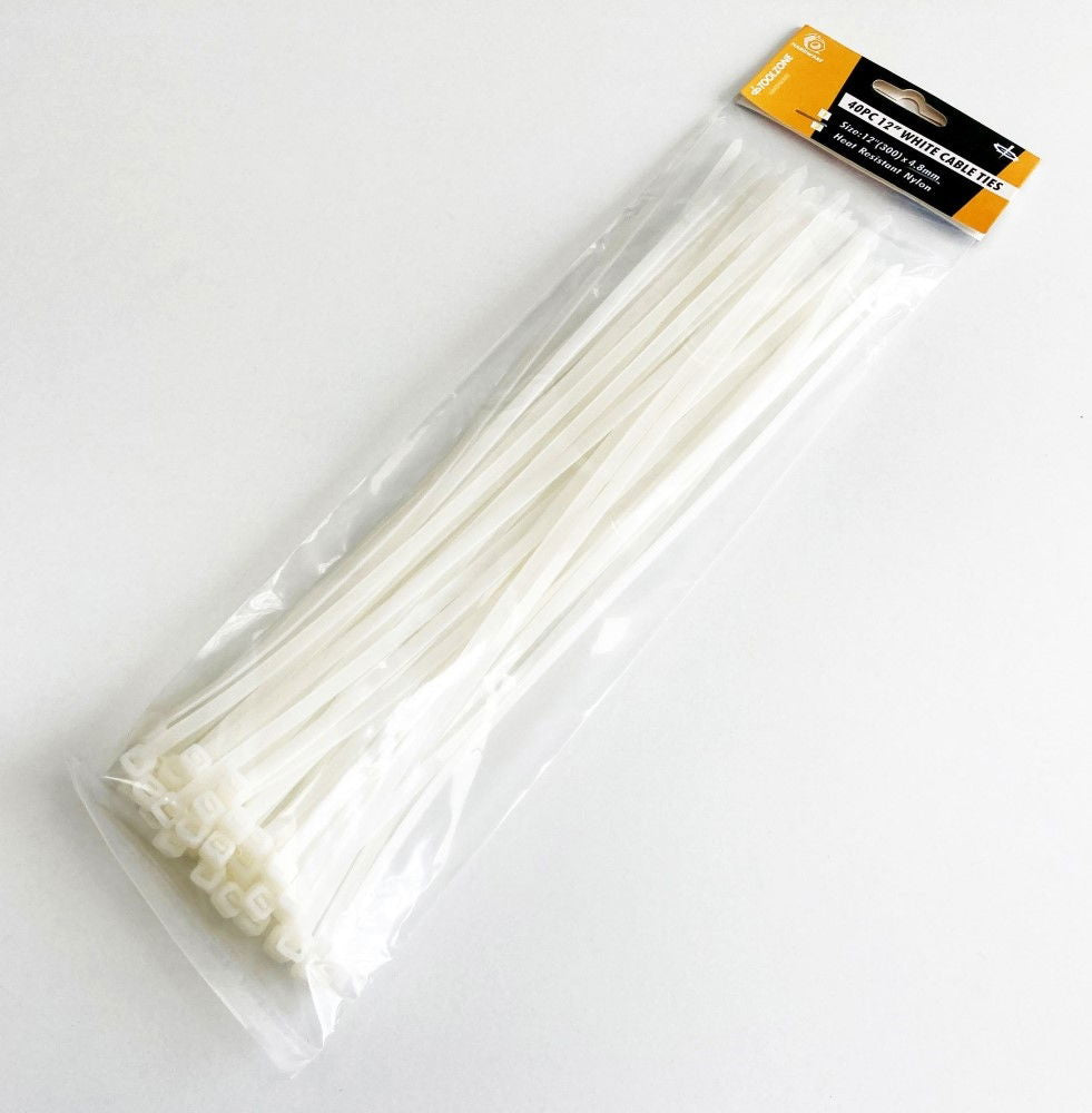CABLE TIES 40PC 12 WHITE 4.8mm WIDE NYLON 40 - TOOLZONE KDPEL126