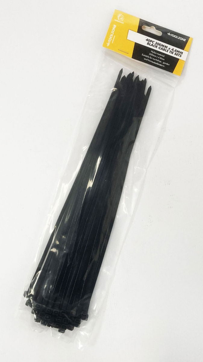 CABLE TIES 40PC 12 BLACK 4.8mm WIDE NYLON 40 - TOOLZONE KDPEL128