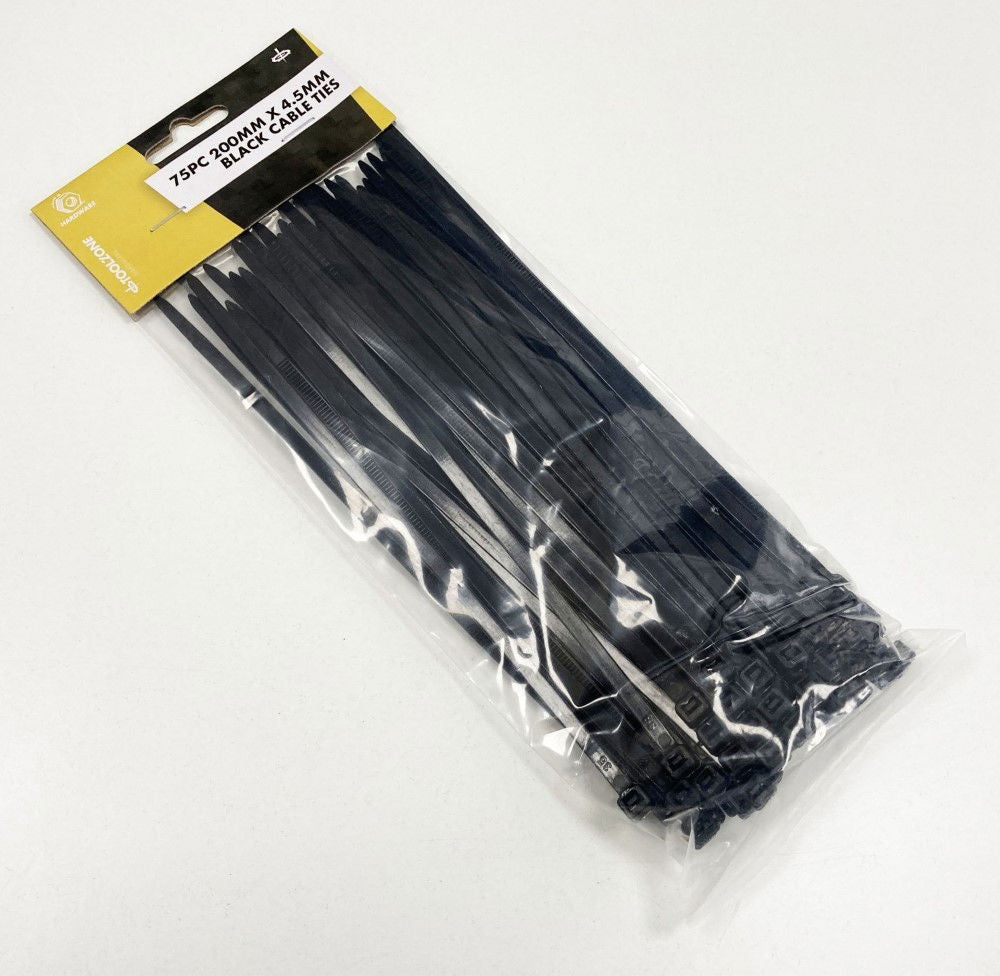 CABLE TIES 75PC 200mm x 4.5mm BLACK NYLON 40 - TOOLZONE KDPEL133