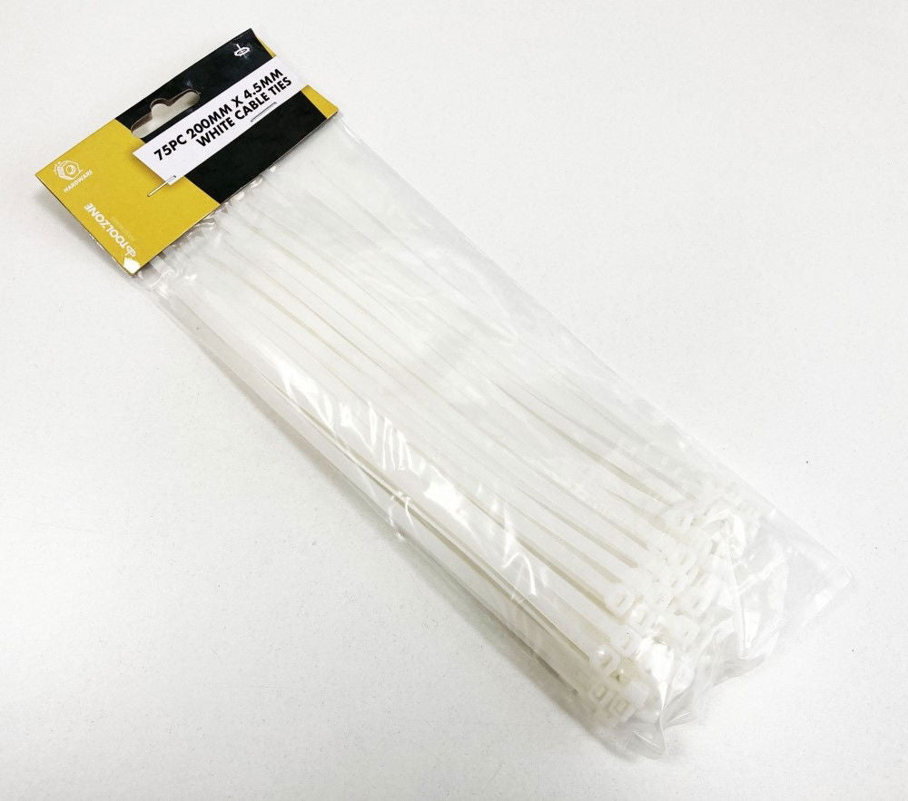 CABLE TIES 75PC 200mm x 4.5mm WHITE NYLON 40 - TOOLZONE KDPEL134