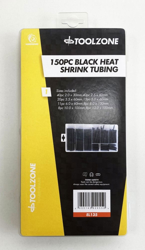 HEAT SHRINK TUBING ASSORTMENT 150PC BLACK WITH PLASTIC BOX - TOOLZONE KDPEL135
