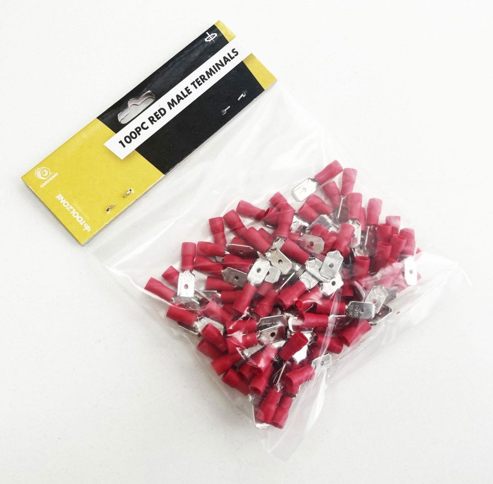 MALE TERMINALS 100PC RED SEMI INSULATED 22-16 awg 6.3mm x 0.4mm - TOOLZONE KDPEL138
