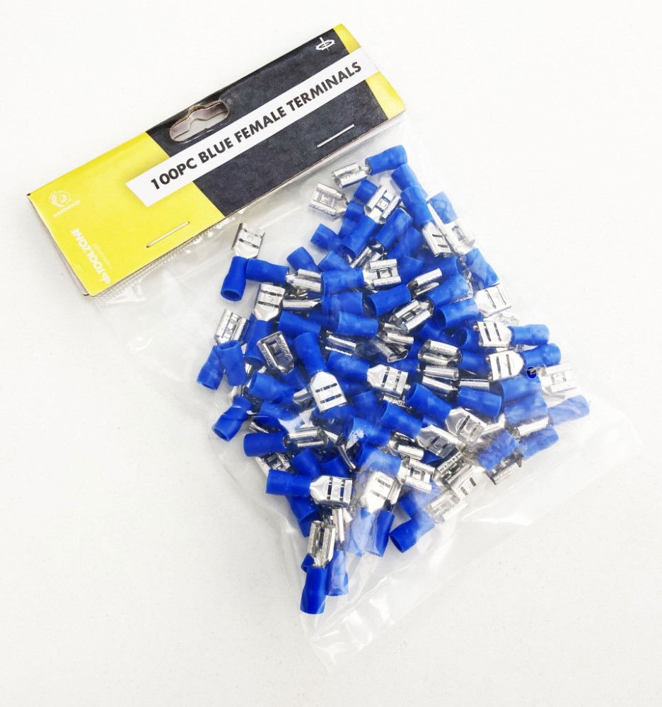 FEMALE TERMINALS 100PC BLUE SEMI INSULATED 14-16 awg 6.3 x 0.81mm - TOOLZONE KDPEL139