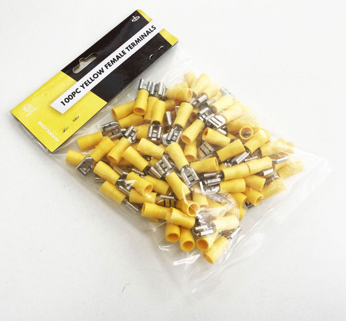 FEMALE TERMINALS 100PC YELLOW SEMI INSULATED 12-10 awg 6.3mm x 0.4mm - TOOLZONE KDPEL141