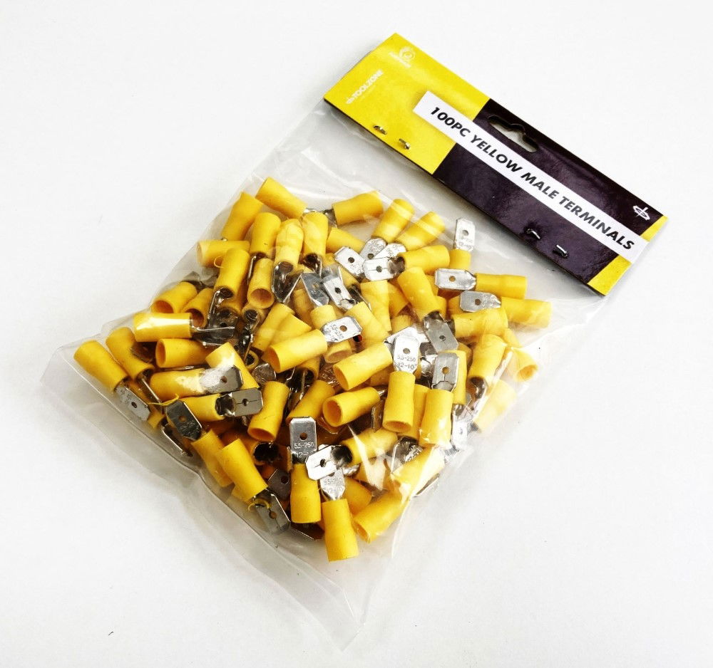 MALE TERMINALS 100PC YELLOW SEMI INSULATED 12-10 awg 6.3mm x 0.4mm - TOOLZONE KDPEL142