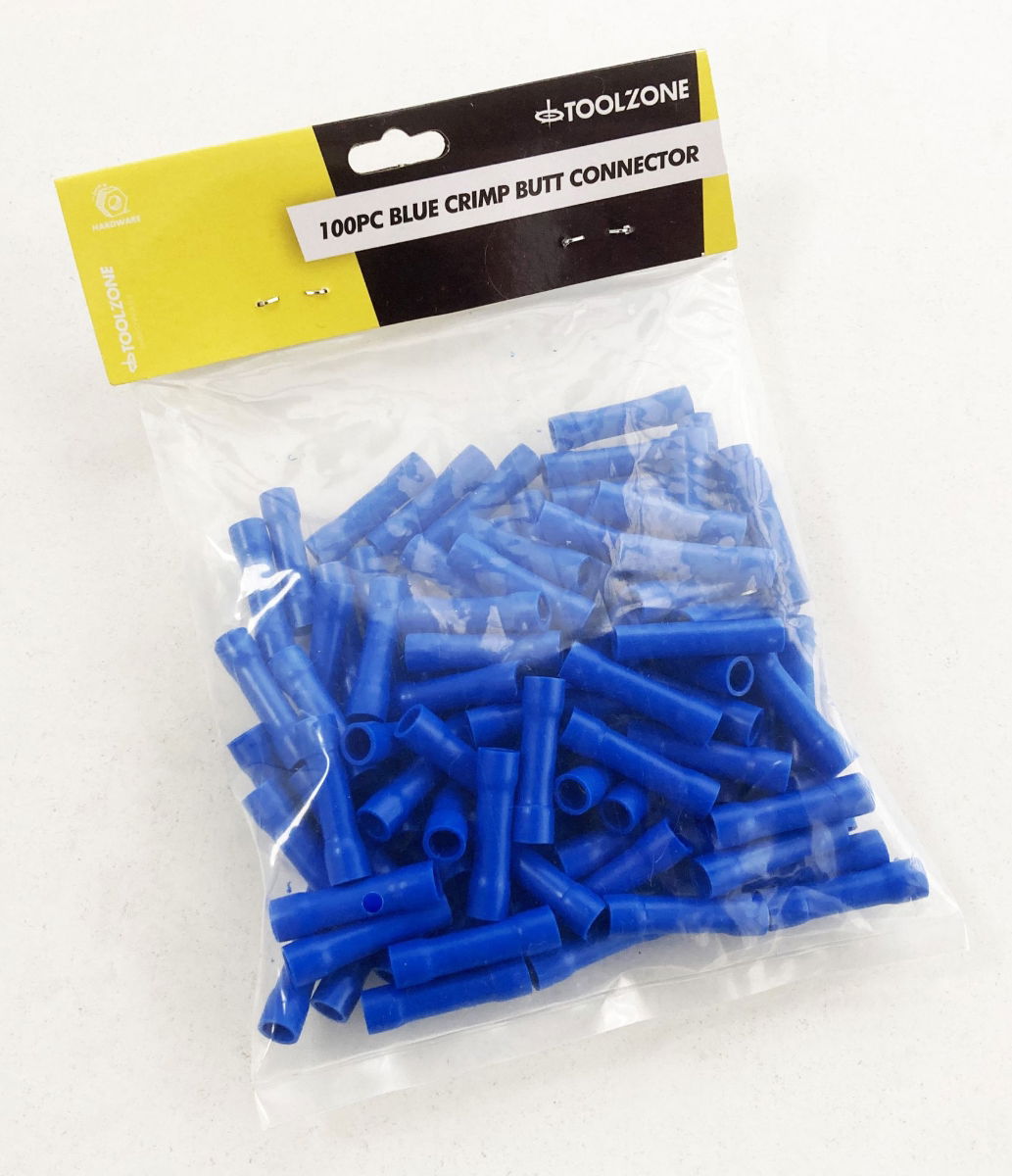 CRIMP BUTT CONNECTORS 100PC BLUE INSULATED 1.5-2.5mm² - TOOLZONE KDPEL144
