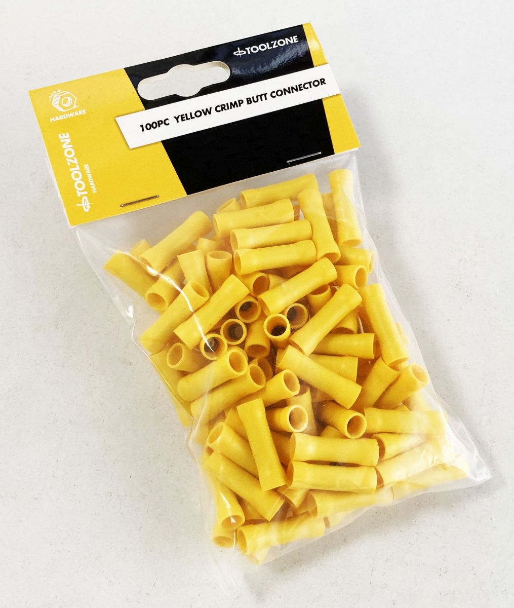 CRIMP BUTT CONNECTORS 100PC YELLOW INSULATED - TOOLZONE KDPEL145