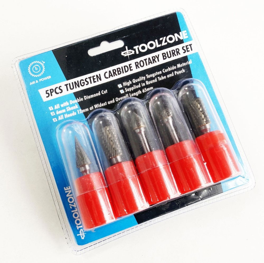 ROTARY RASP TUNGSTEN CARBIDE DOUBLE DIAMOND CUT SET 5 PIECE 6mm SHANK - TOOLZONE KDPHB103