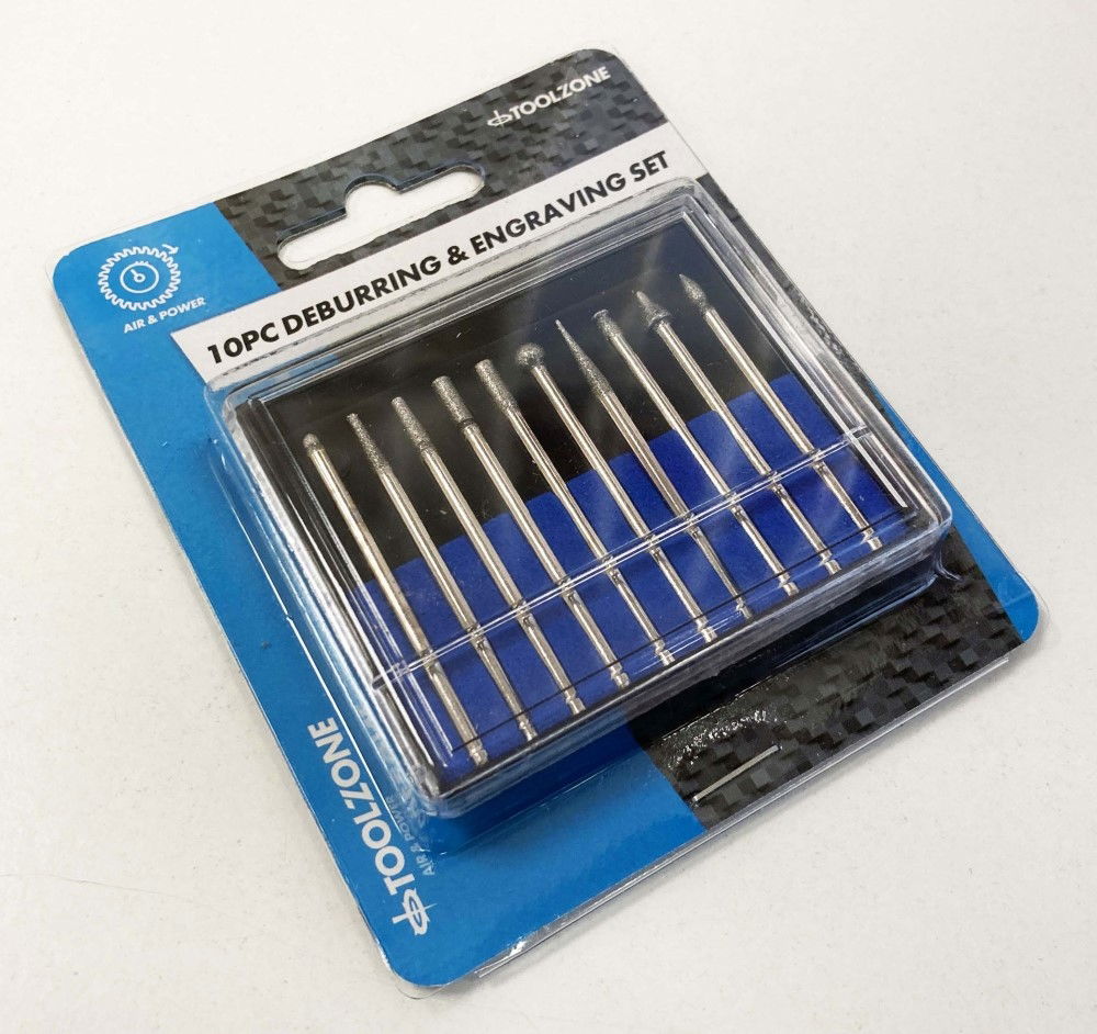 DEBURRING AND ENGRAVING SET 10pc 50GRIT DIAMOND 2.35mm SHANK - TOOLZONE KDPHB264