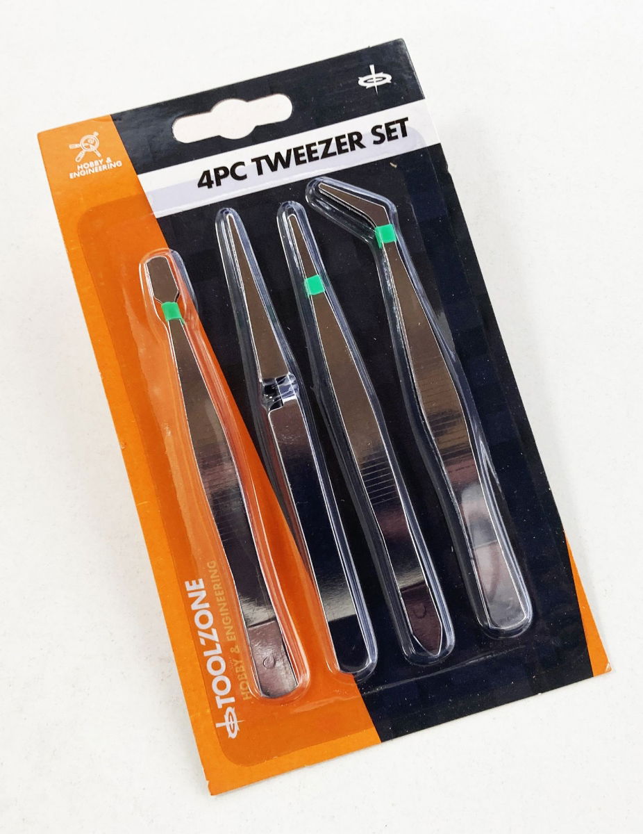 TWEEZER SET 4pc 4.5 FLAT ENDED POINTED ANGLED - TOOLZONE KDPHB324