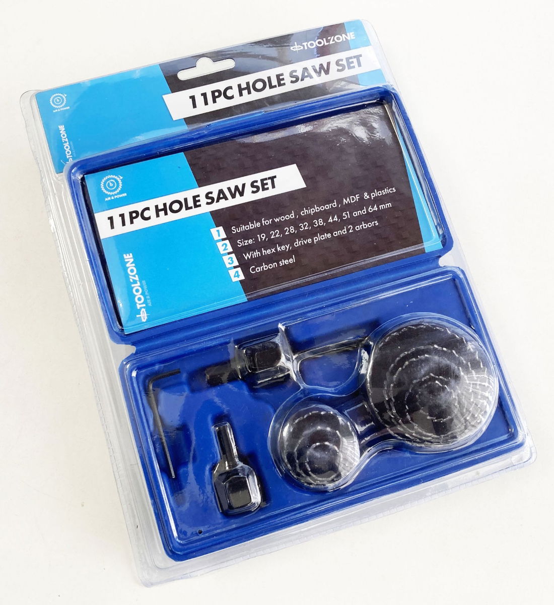 HOLE SAW SET 11pc CARBON STEEL SIZES 19-64mm - TOOLZONE KDPHS032