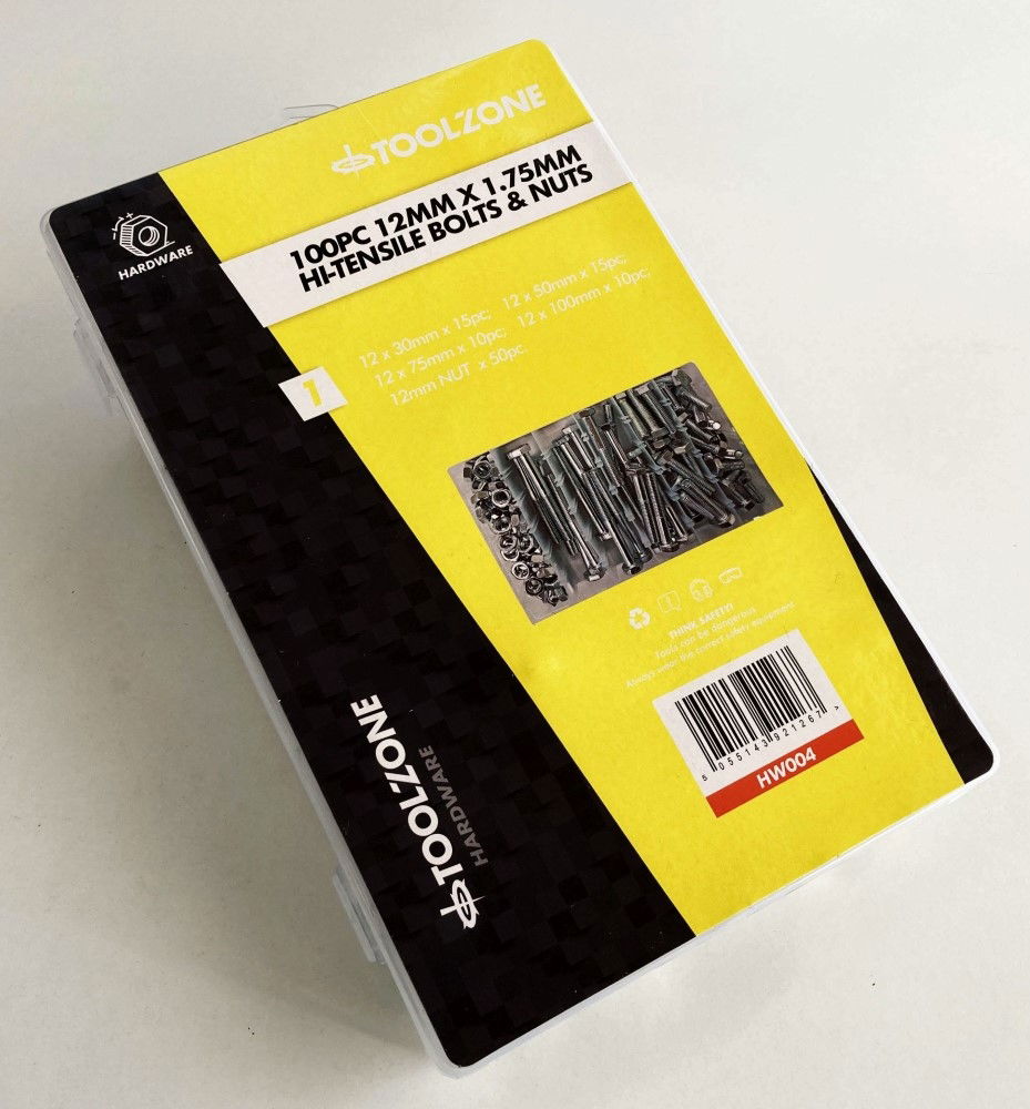 BOLTS AND NUTS ASSORTMENT 100pc 12mm M12 1.75mm PITCH - TOOLZONE KDPHW004