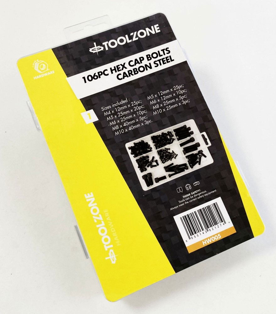 HEX CAP BOLTS ASSORTMENT 106pc CARBON STEEL M4-M10 - TOOLZONE KDPHW005