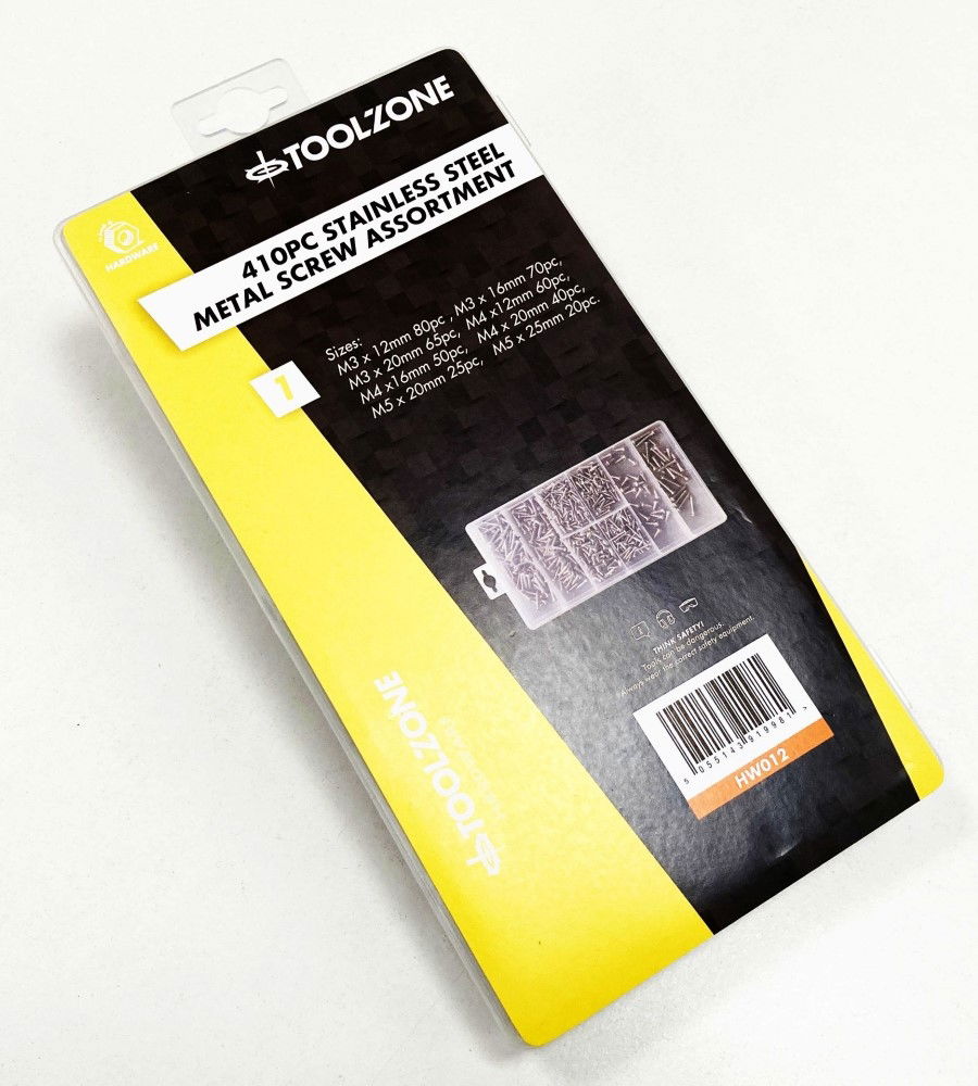 METAL SCREWS ASSORTMENT 410pc STAINLESS STEEL M3-M5 - TOOLZONE KDPHW012
