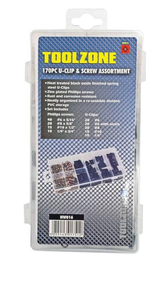 U CLIPS AND SCREWS ASSORTMENT 170pc FOR AUTO BODY PANELS - TOOLZONE KDPHW016