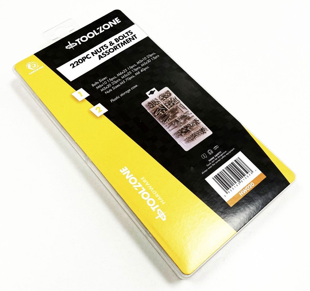 NUTS AND BOLTS ASSORTMENT 220pc M5-M6 VARIOUS LENGTHS - TOOLZONE KDPHW020