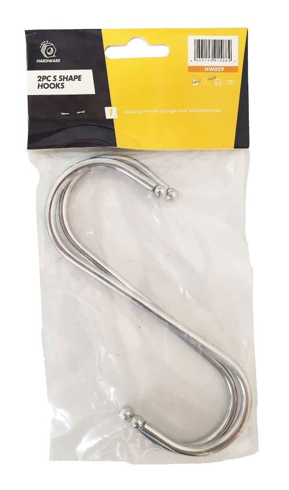 S HOOKS 2pc LARGE 160mm x 6mm CHROME PLATED STEEL BALL END - TOOLZONE KDPHW029