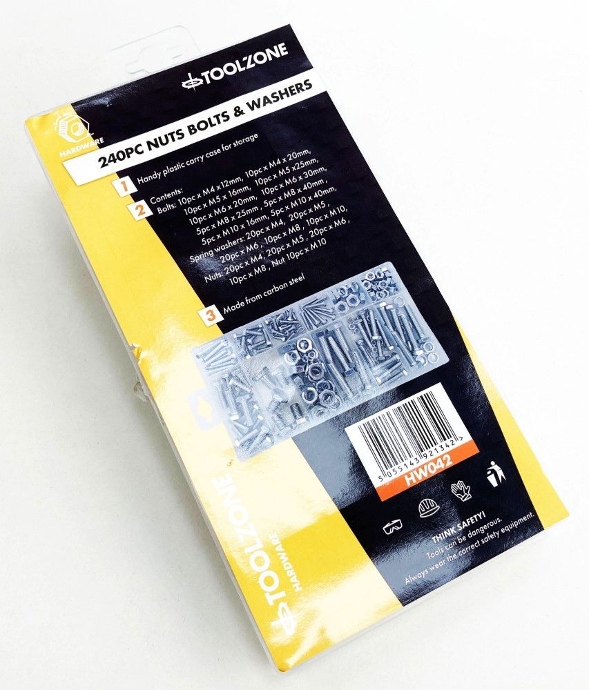 NUTS BOLTS AND WASHERS ASSORTMENT 240pc CARBON STEEL M4-M10 - TOOLZONE KDPHW042