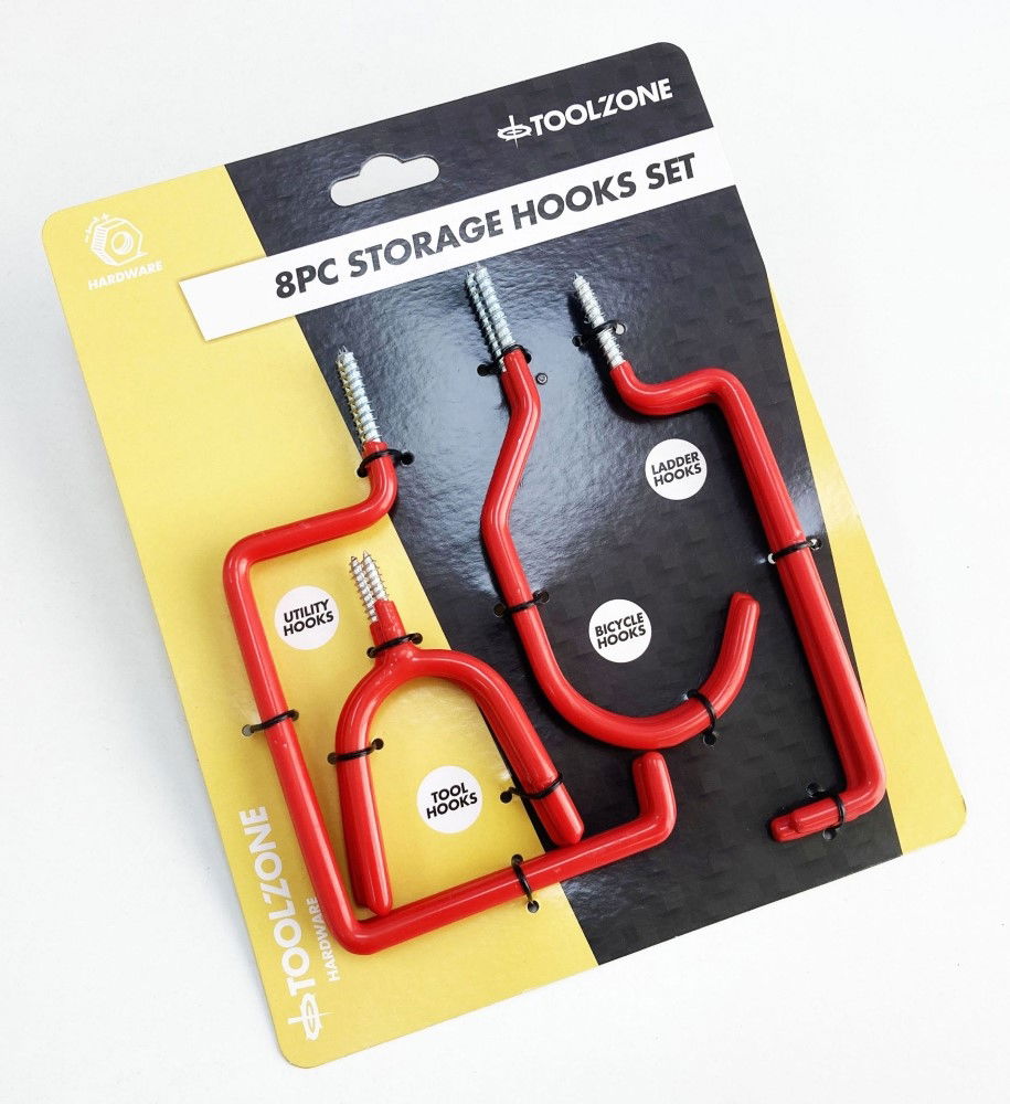 STORAGE HOOK SET 8pc RED PVC COATED ASSORTED SHAPES - TOOLZONE KDPHW061