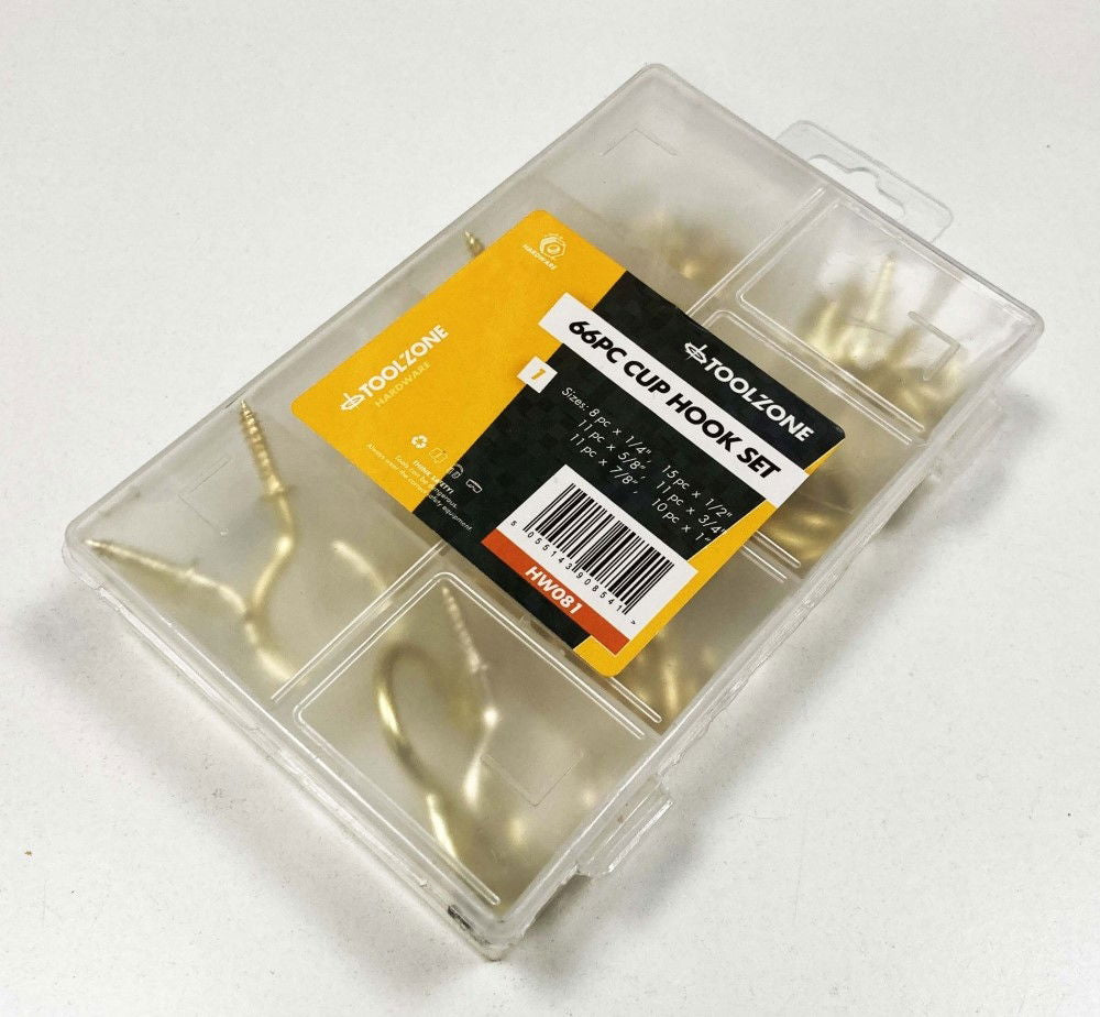CUP HOOKS ASSORTED SET 66pc BRASS COATED 1/2-1 1/4 - TOOLZONE KDPHW081