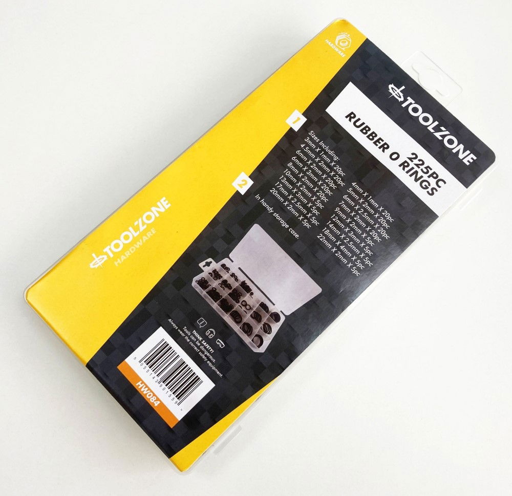 RUBBER O RING ASSORTMENT 225pc IN POLY BOX - TOOLZONE KDPHW084