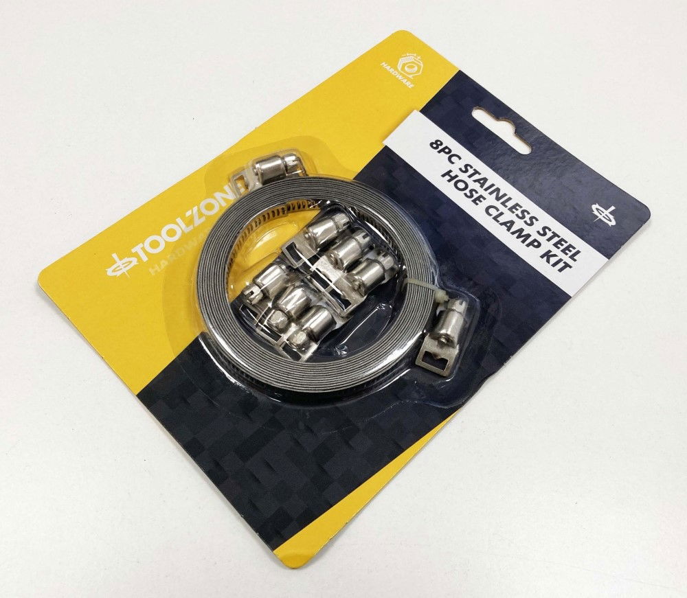 HOSE CLAMP KIT 8pc STAINLESS STEEL 3m x 8mm - TOOLZONE KDPHW135