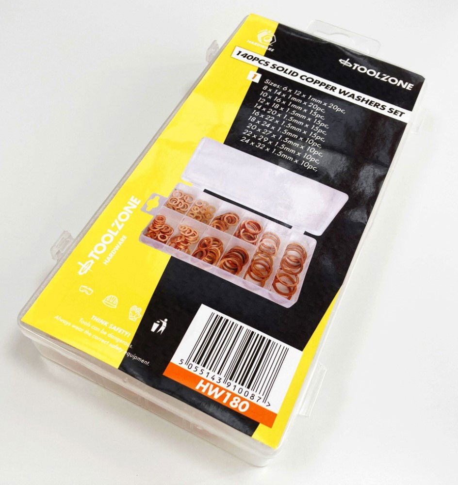 COPPER WASHER ASSORTMENT 140pc SOLID IN STORAGE BOX - TOOLZONE KDPHW180