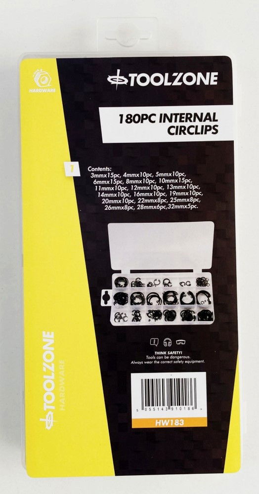 INTERNAL CIRCLIP ASSORTMENT 180pc IN STORAGE BOX - TOOLZONE KDPHW183