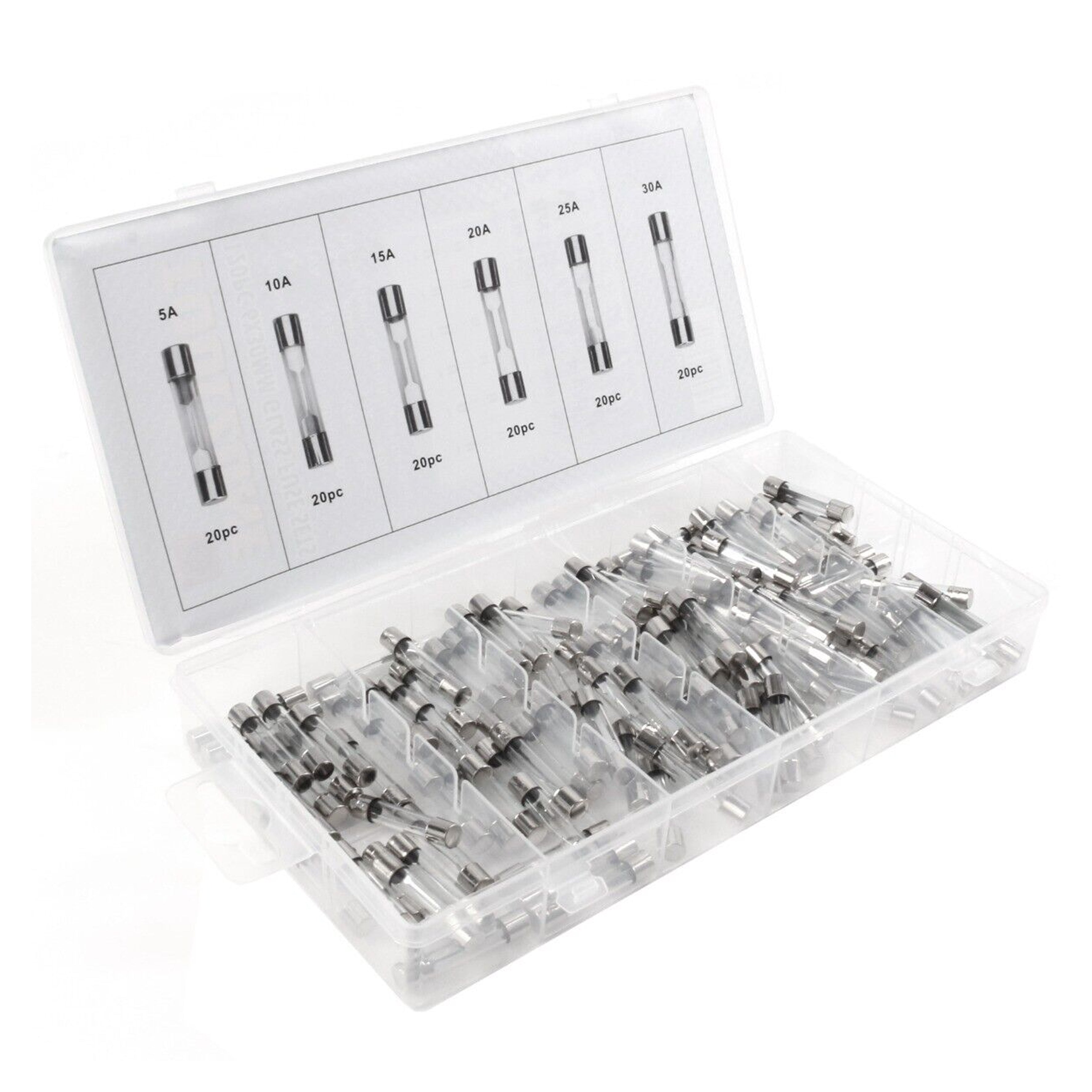 GLASS FUSE ASSORTMENT 120pc 6x30mm IN STORAGE BOX - TOOLZONE KDPHW187