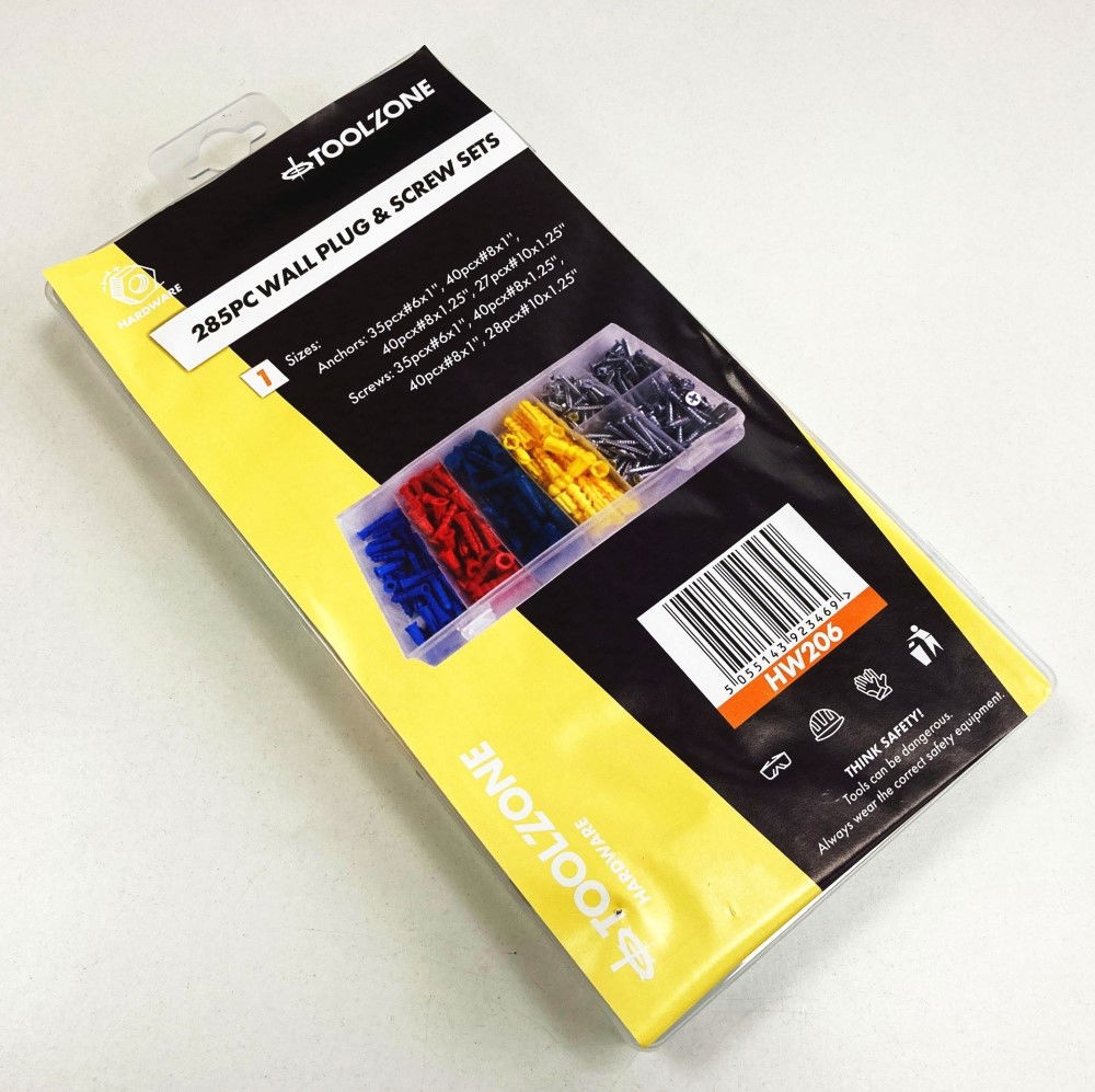WALL PLUG AND SCREW ASSORTMENT 285pc IN STORAGE BOX - TOOLZONE KDPHW206